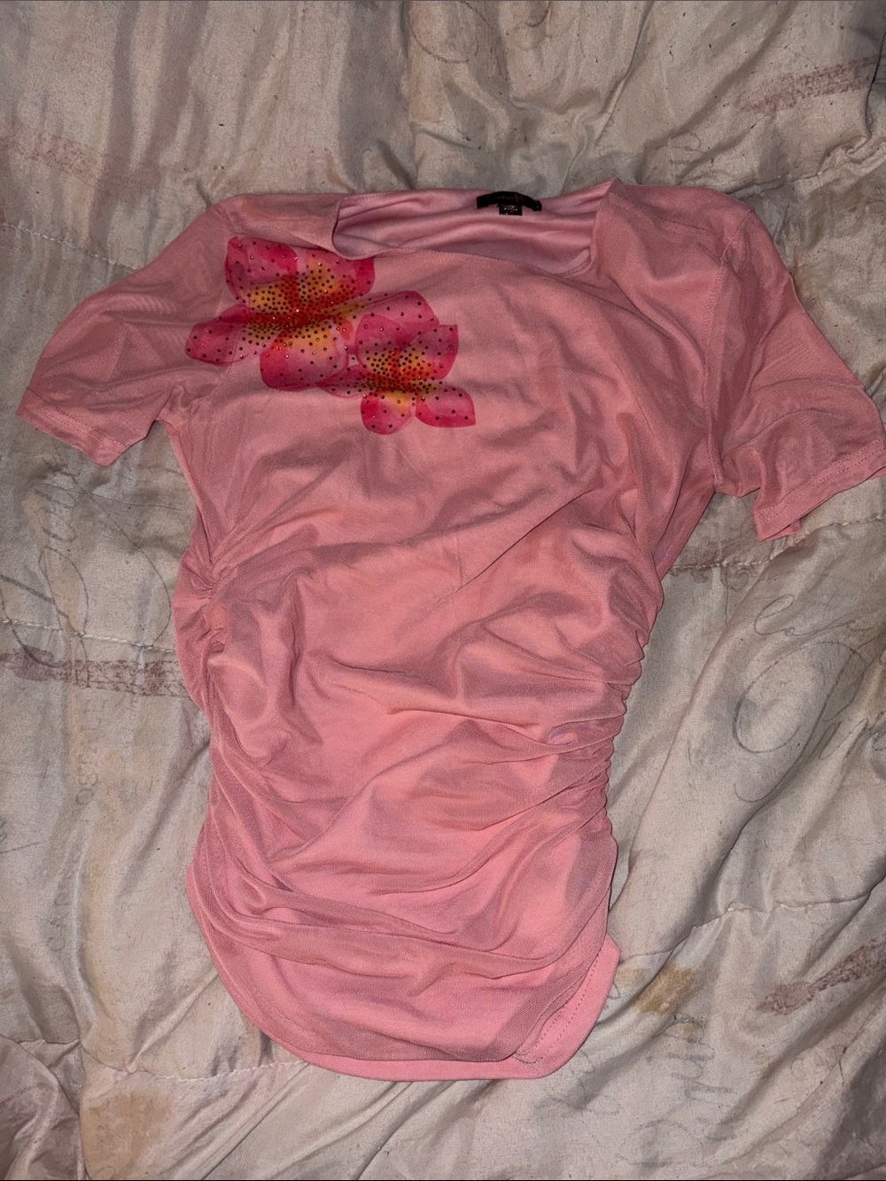 Pink Floral Ruched Short Sleeve Tee